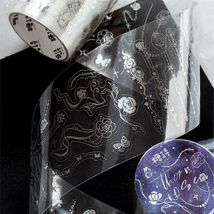 Chain Secret Series Silver Stamping Die Cutting PET Tape featuring secret, and silver designs for journaling, scrapbooking and collage