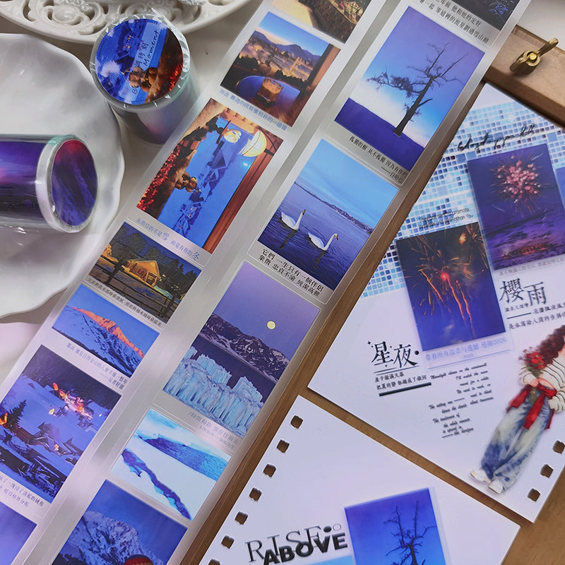Whole Roll 5cm*3m Blues Moment Die Cutting Fog PET Tape featuring blue designs for journaling, scrapbooking and collage
