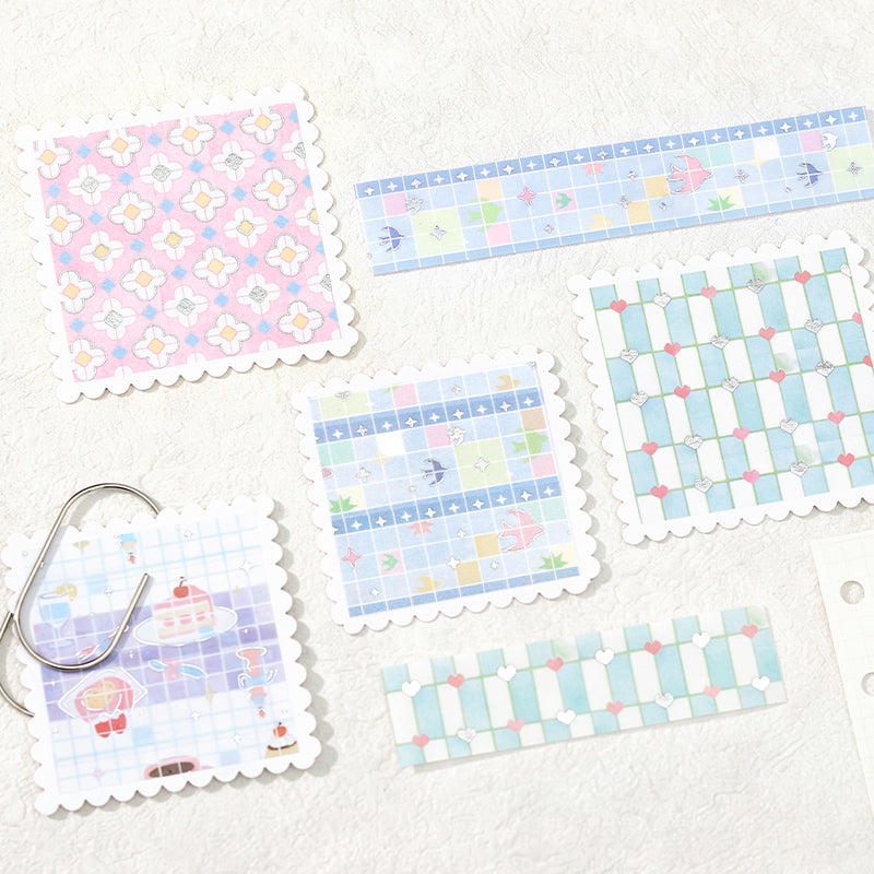 Flower Tile Diary Series Silver Stamping Washi Tape featuring silver, and flower designs for journaling, scrapbooking and collage