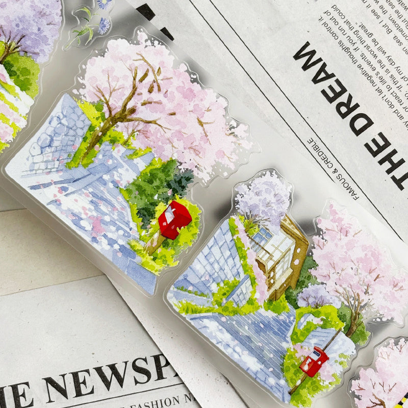 Whole Roll 7cm*5.1m Spring Day Street Die Cutting Washi/PET/Fog PET Tape featuring spring, street, and tree designs for journaling, scrapbooking and collage