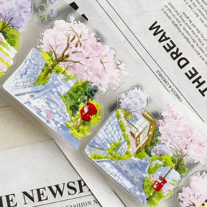 Whole Roll 7cm*5.1m Spring Day Street Die Cutting Washi/PET/Fog PET Tape featuring spring, street, and tree designs for journaling, scrapbooking and collage