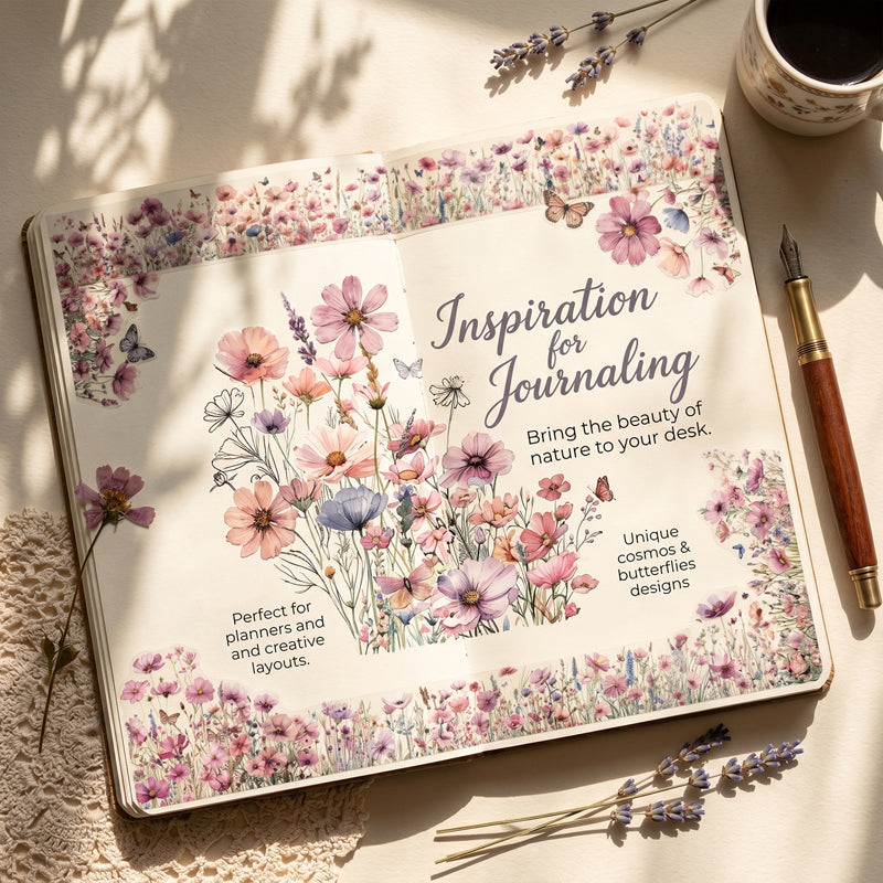 Words In The Flowers Series PET Tape featuring flower designs for journaling, scrapbooking and collage