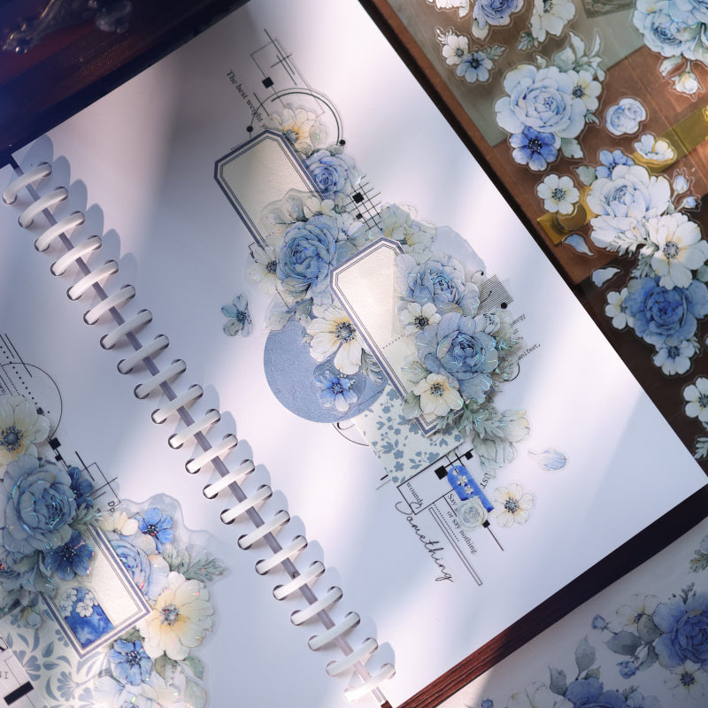 Whole Roll 5.5cm*5m Sweet Blue Flower Die Cutting Washi/PET/Shell Light PET Tape featuring sweet, blue, and flower designs for journaling, scrapbooking and collage