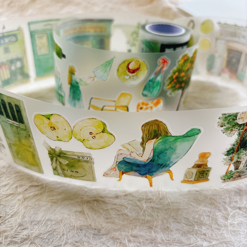 Whole Roll 6cm*5m Greenness Die Cutting Washi/PET/Fog PET Tape featuring green designs for journaling, scrapbooking and collage