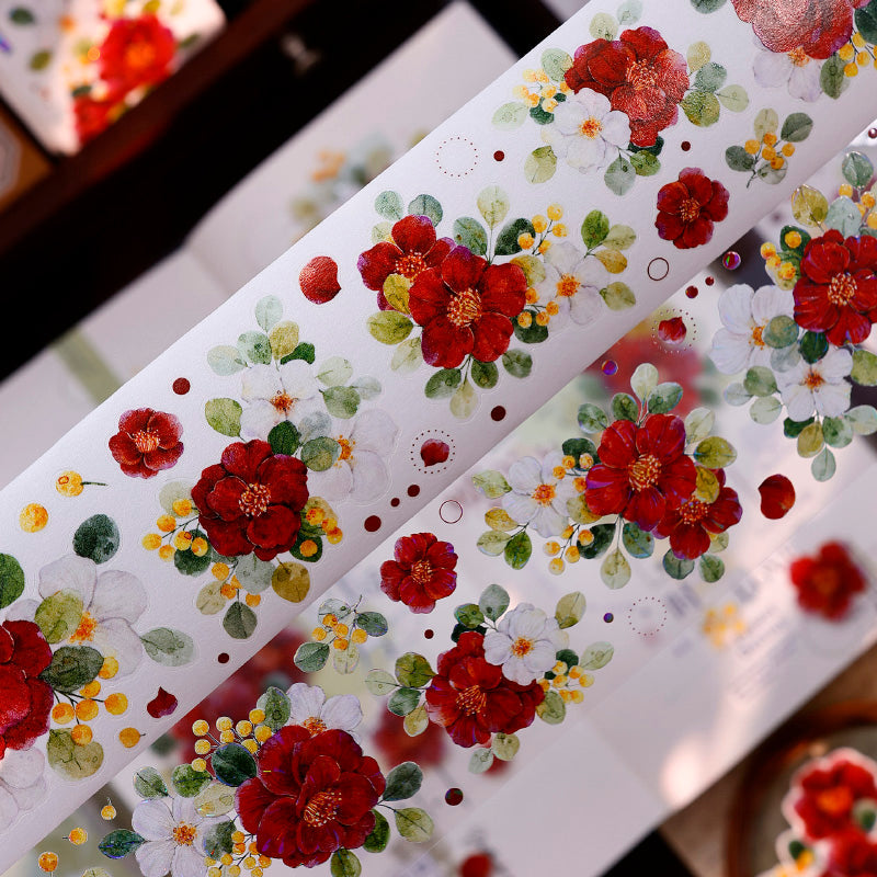 5.5cm*100cm Spring Red Tea Die Cutting Washi/PET/Shell Light PET Tape featuring spring, tea, and red designs for journaling, scrapbooking and collage
