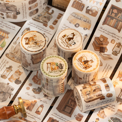 Coffee and Cat Series Washi Tape featuring cat designs for journaling, scrapbooking and collage