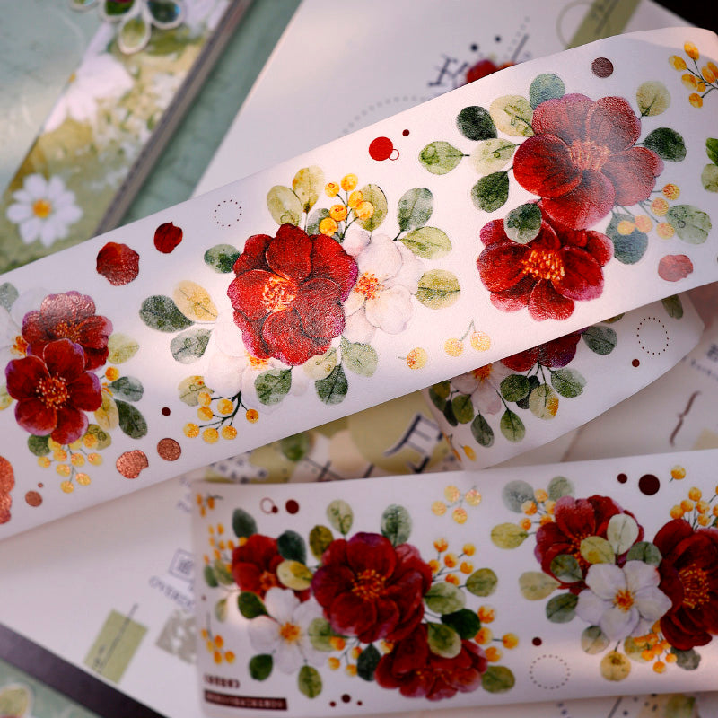5.5cm*100cm Spring Red Tea Die Cutting Washi/PET/Shell Light PET Tape featuring spring, tea, and red designs for journaling, scrapbooking and collage