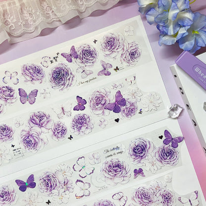 6cm*100cm Purple peony flower Shell Light PET Tape featuring flower, and light designs for journaling, scrapbooking and collage