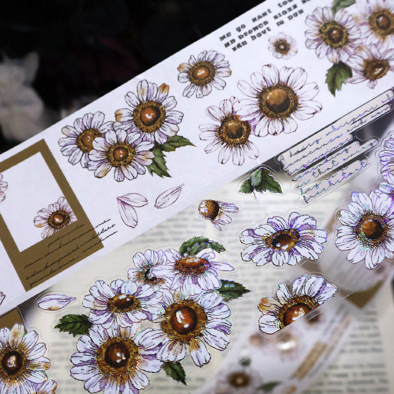 Whole Roll 5.5cm*5m Simple daisy Die Cutting Washi/PET/Shell Silver PET Tape featuring silver designs for journaling, scrapbooking and collage