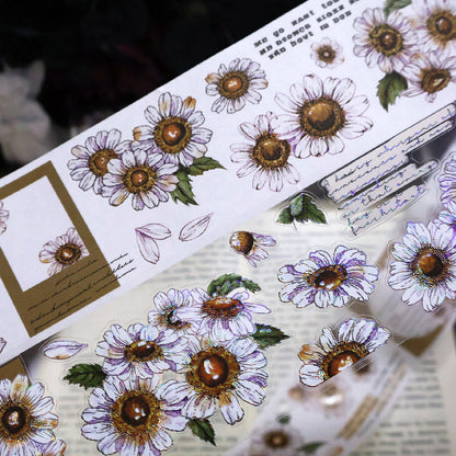 Whole Roll 5.5cm*5m Simple daisy Die Cutting Washi/PET/Shell Silver PET Tape featuring silver designs for journaling, scrapbooking and collage