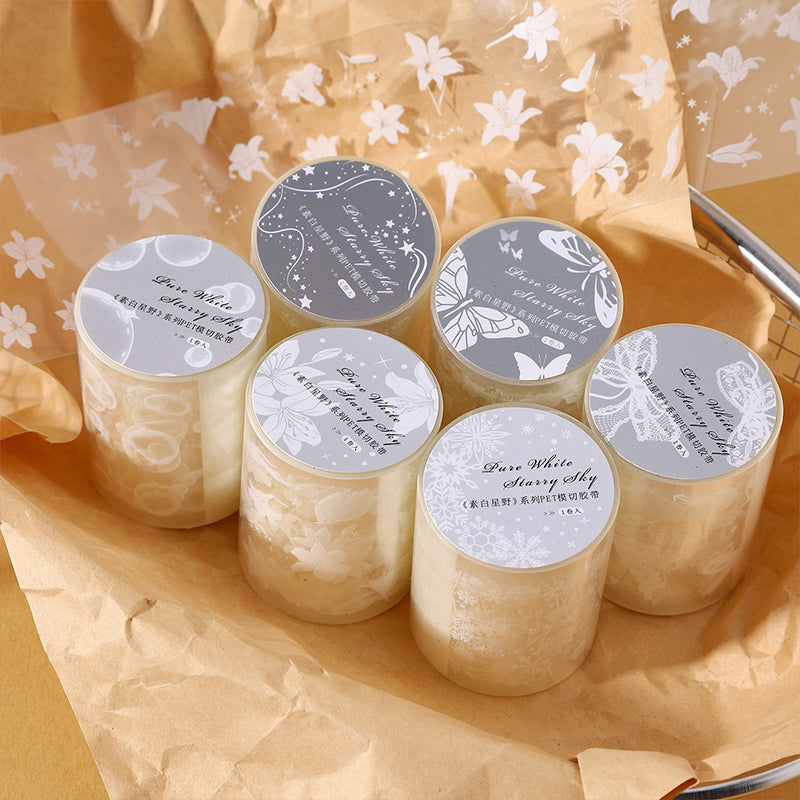 White Starfield Series Die Cutting PET Tape featuring white, and star designs for journaling, scrapbooking and collage