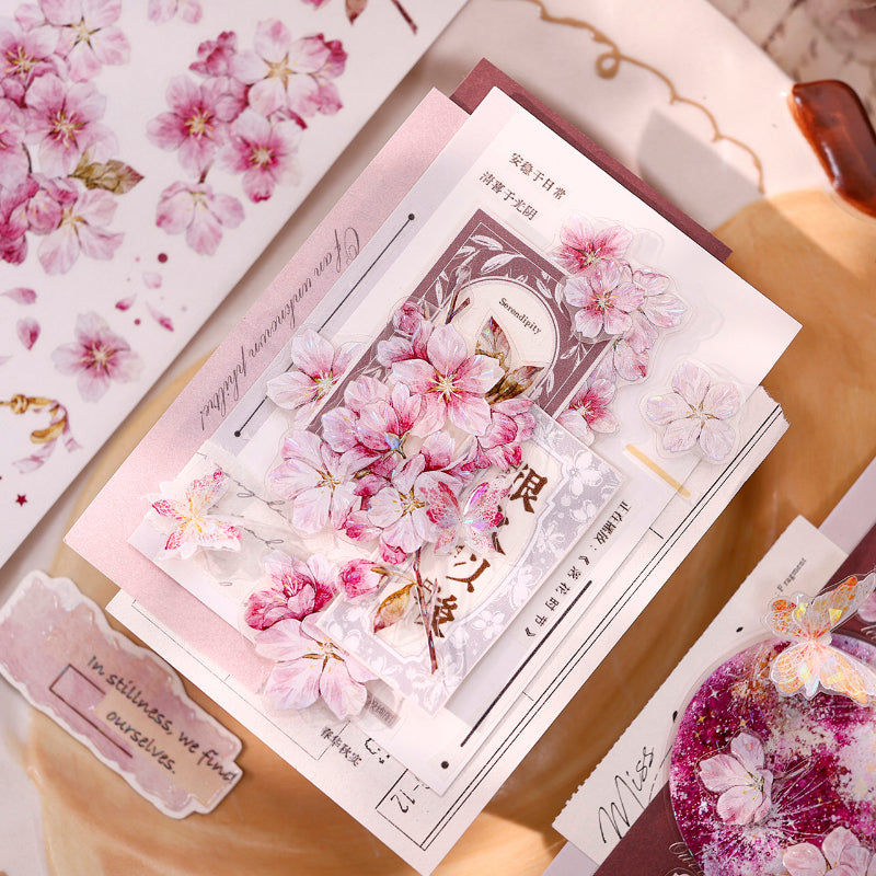 Whole Roll 6.5cm*5m Pink Cherry Blossom Die Cutting Washi/PET/Shell Light Washi/PET Tape