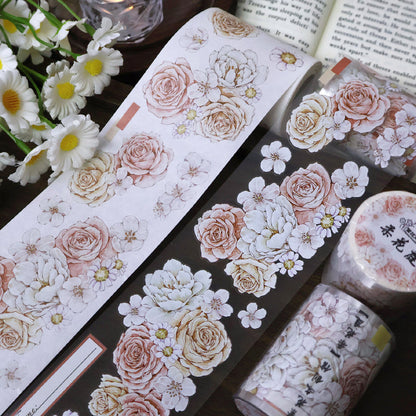 Whole Roll 5.5cm*5m Soft flower court Die Cutting Washi/PET/Shell Silver PET Tape featuring silver, and flower designs for journaling, scrapbooking and collage