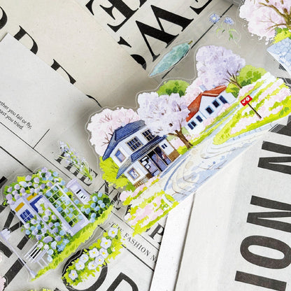 Whole Roll 7cm*5.1m Spring Day Street Die Cutting Washi/PET/Fog PET Tape featuring spring, street, and tree designs for journaling, scrapbooking and collage