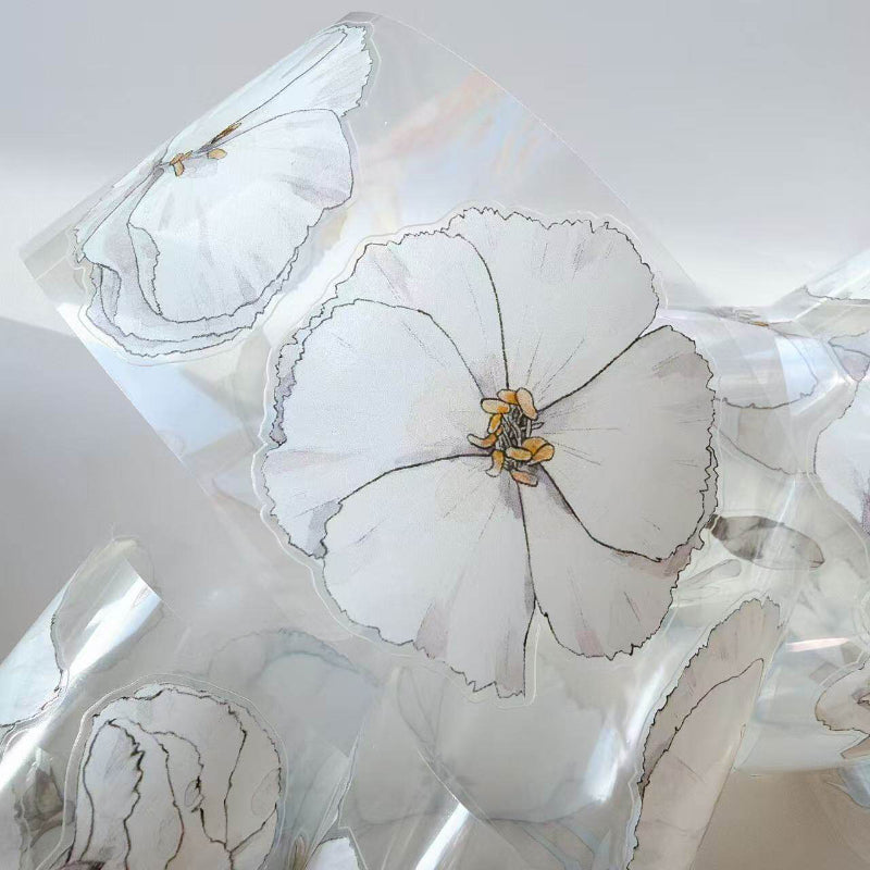 Whole Roll 6cm*10m White flower Die Cutting Washi/PET/Fog PET Tape featuring white, and flower designs for journaling, scrapbooking and collage