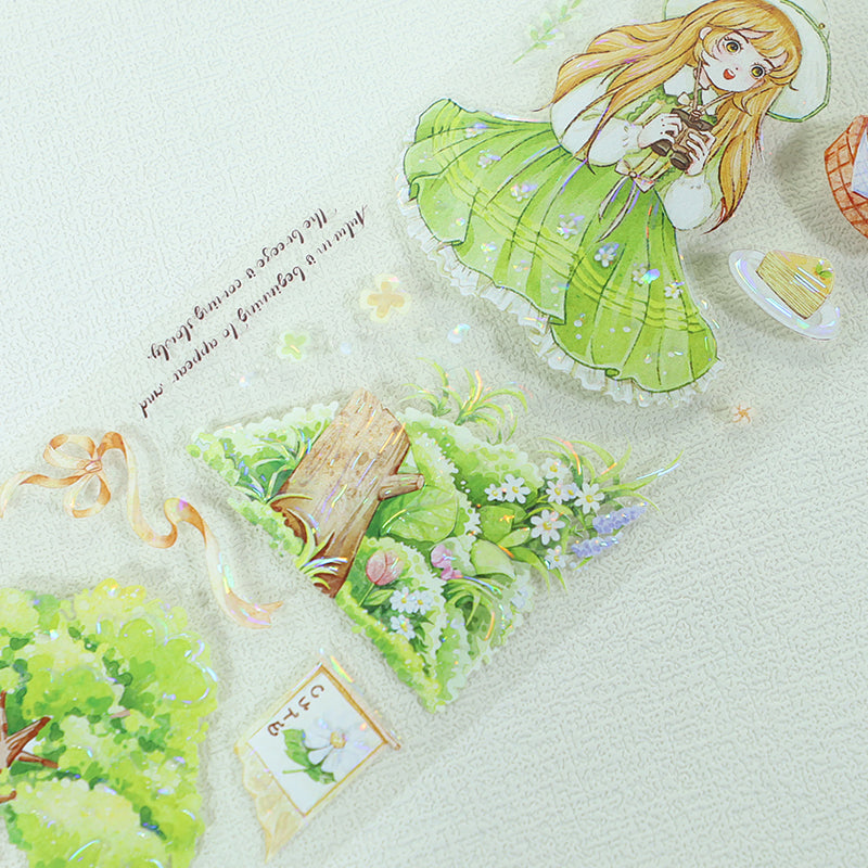 Green wind gathering wild Die Cutting Washi/Shell Light PET Tape featuring green, light, and wind designs for journaling, scrapbooking and collage