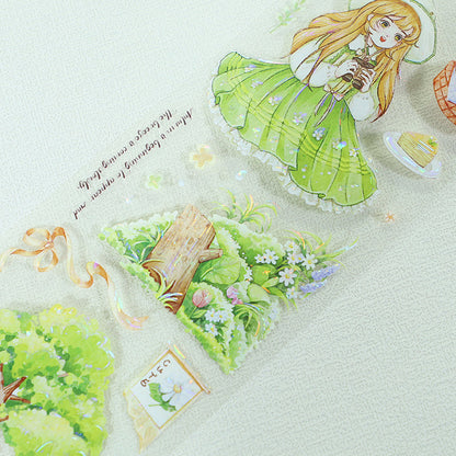Green wind gathering wild Die Cutting Washi/Shell Light PET Tape featuring green, light, and wind designs for journaling, scrapbooking and collage