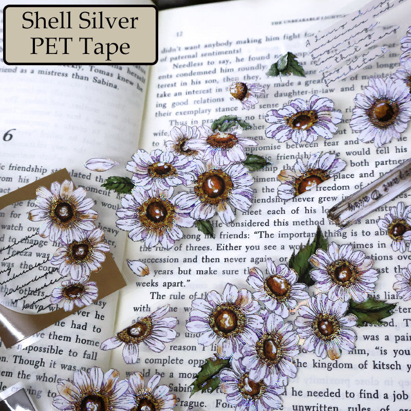 Whole Roll 5.5cm*5m Simple daisy Die Cutting Washi/PET/Shell Silver PET Tape