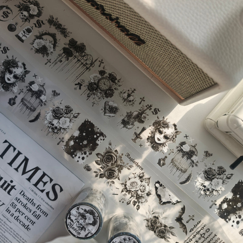 6cm*100cm Black and white silence Die Cutting PET Tape featuring white, and black designs for journaling, scrapbooking and collage