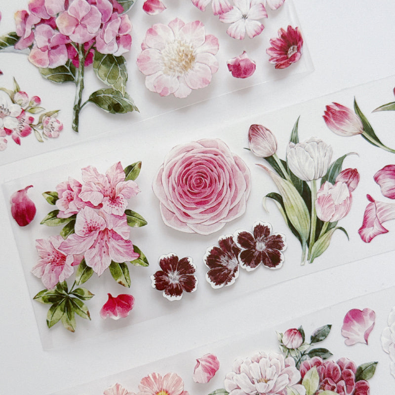 Whole Roll 5.5cm*5m Pink Flower Collection Washi/PET Tape featuring pink, and flower designs for journaling, scrapbooking and collage