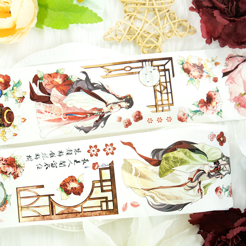 Red makeup Die Cutting Washi/Shell Gold PET Tape featuring old, gold, and red designs for journaling, scrapbooking and collage