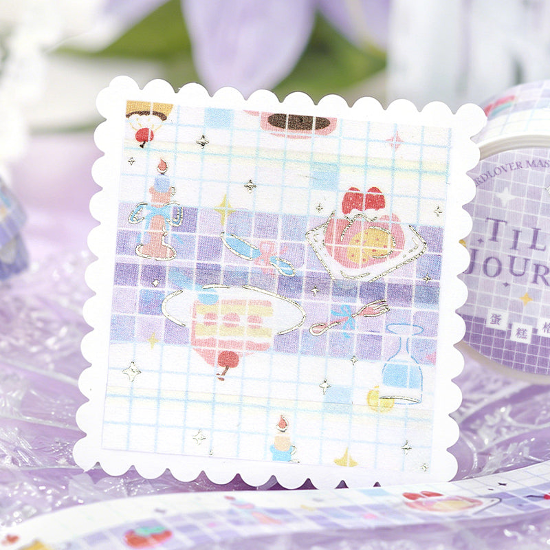 Flower Tile Diary Series Silver Stamping Washi Tape featuring silver, and flower designs for journaling, scrapbooking and collage