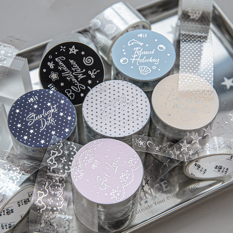 Silver Special Issue Series Silver Stamping PET Tape Set featuring silver designs for journaling, scrapbooking and collage