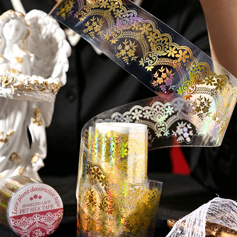 Shimmering Lace Series Gold Stamping PET Tape featuring old, lace, and gold designs for journaling, scrapbooking and collage