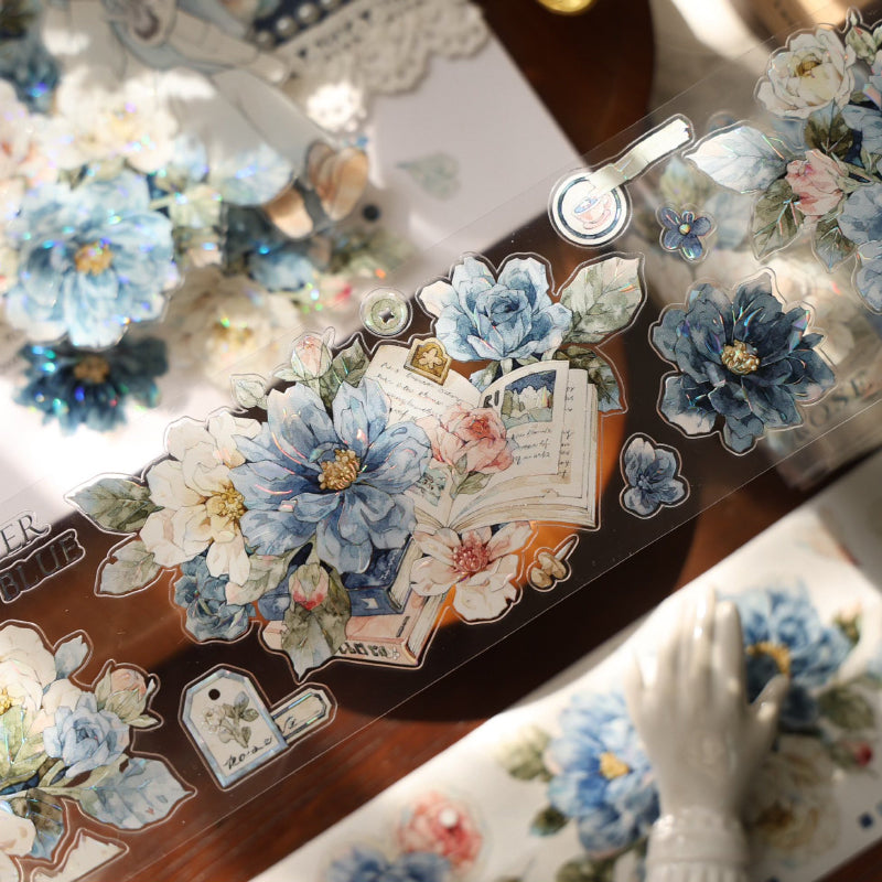 Whole Roll 5.5cm*5m Dream Painting blue Die Cutting Washi/PET/Shell Light PET Tape featuring dream, blue, and light designs for journaling, scrapbooking and collage