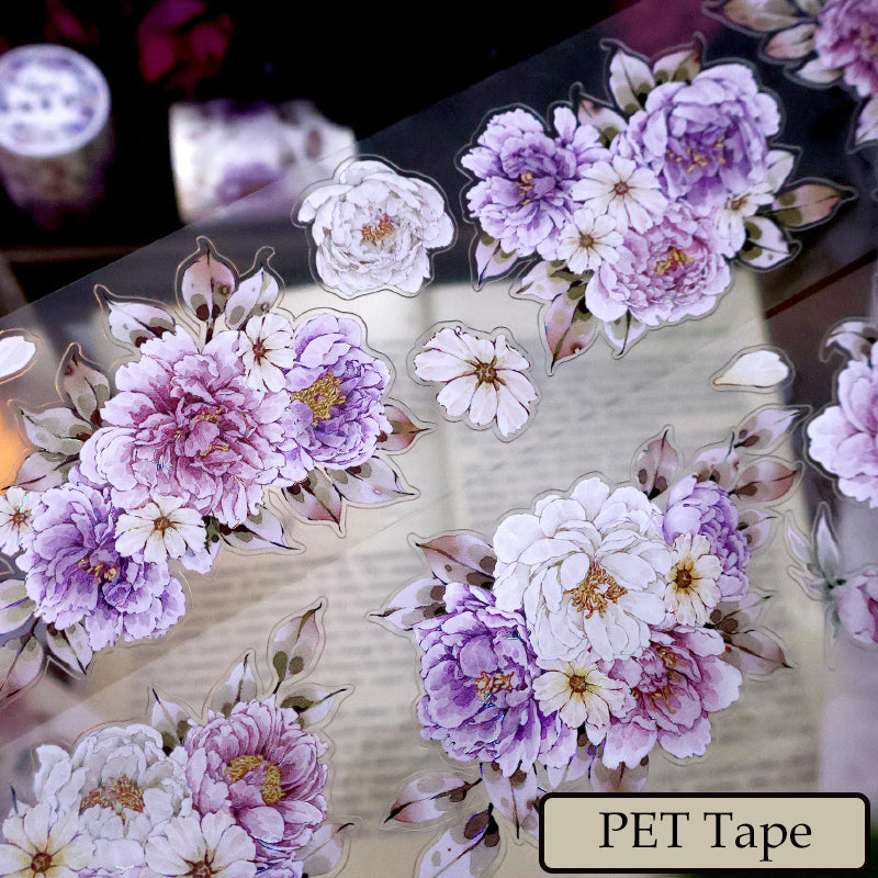Whole Roll 5.6cm*5m Purple peony flower Die Cutting Washi/PET/Shell Light PET Tape