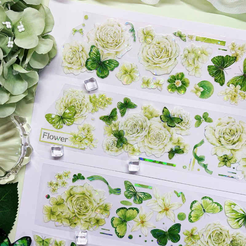 6cm*100cm Butterflies in the flowers Shell Light PET Tape featuring flower, and light designs for journaling, scrapbooking and collage