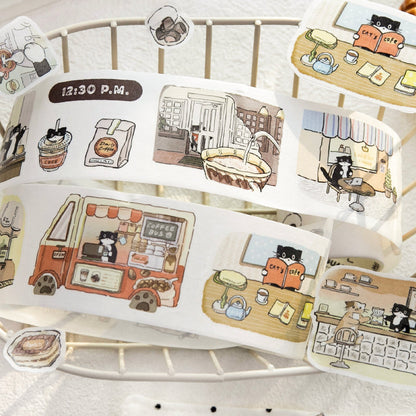 Cat Coffee Shop Series Die Cutting Washi Tape featuring cat, and shop designs for journaling, scrapbooking and collage