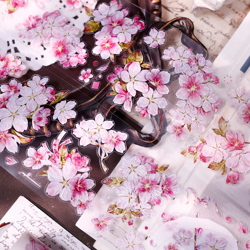 Whole Roll 6.5cm*5m Pink Cherry Blossom Die Cutting Washi/PET/Shell Light Washi/PET Tape