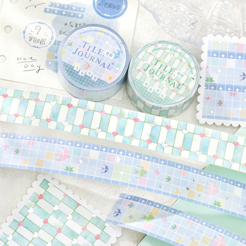 Flower Tile Diary Series Silver Stamping Washi Tape featuring silver, and flower designs for journaling, scrapbooking and collage