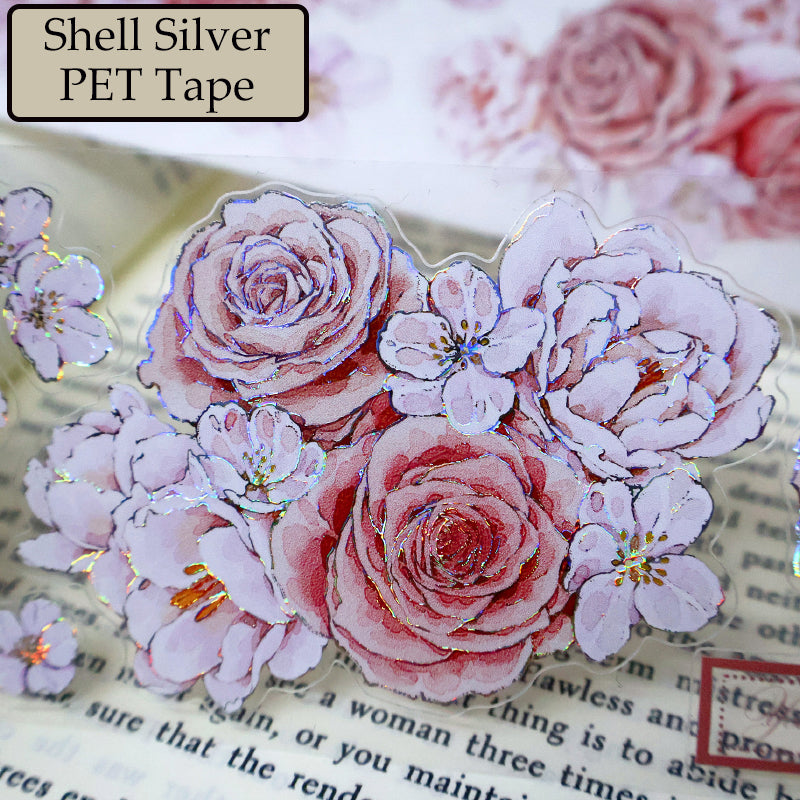 Whole Roll 5.6cm*5m Sweet rose Die Cutting Washi/PET/Shell Silver PET Tape