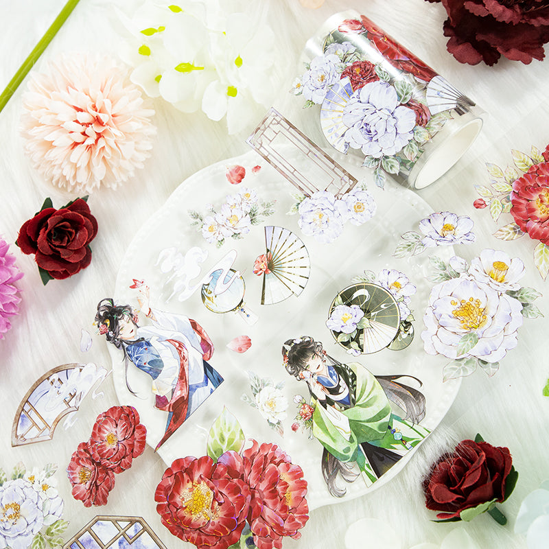 Red peony beauty Die Cutting Washi/Shell Light PET Tape featuring red, and light designs for journaling, scrapbooking and collage