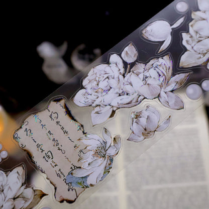 5.5cm*100cm White lotus flower Die Cutting Washi/PET/Shell Silver PET Tape featuring white, silver, and flower designs for journaling, scrapbooking and collage