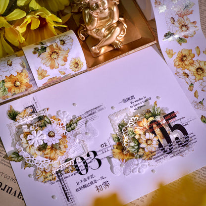 5cm*100cm Golden daisy Die Cutting Washi/PET/Shell Silver PET Tape featuring old, gold, and silver designs for journaling, scrapbooking and collage