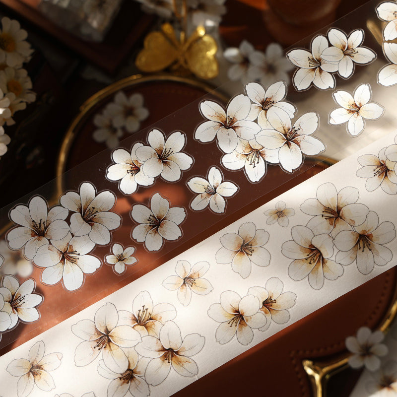 Whole Roll 5cm*5m Little White Flower Die Cutting Washi/PET Tape featuring white, and flower designs for journaling, scrapbooking and collage