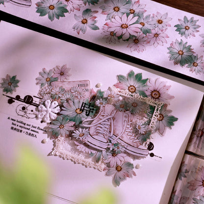 Whole Roll 5.5cm*5m Wild chrysanthemums Die Cutting Washi/PET/Shell Silver PET Tape featuring silver designs for journaling, scrapbooking and collage