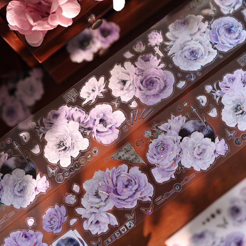 Whole Roll 6cm*5m Purple Melody Echoes Die Cutting Washi/PET/Shell Light PET Tape featuring light designs for journaling, scrapbooking and collage