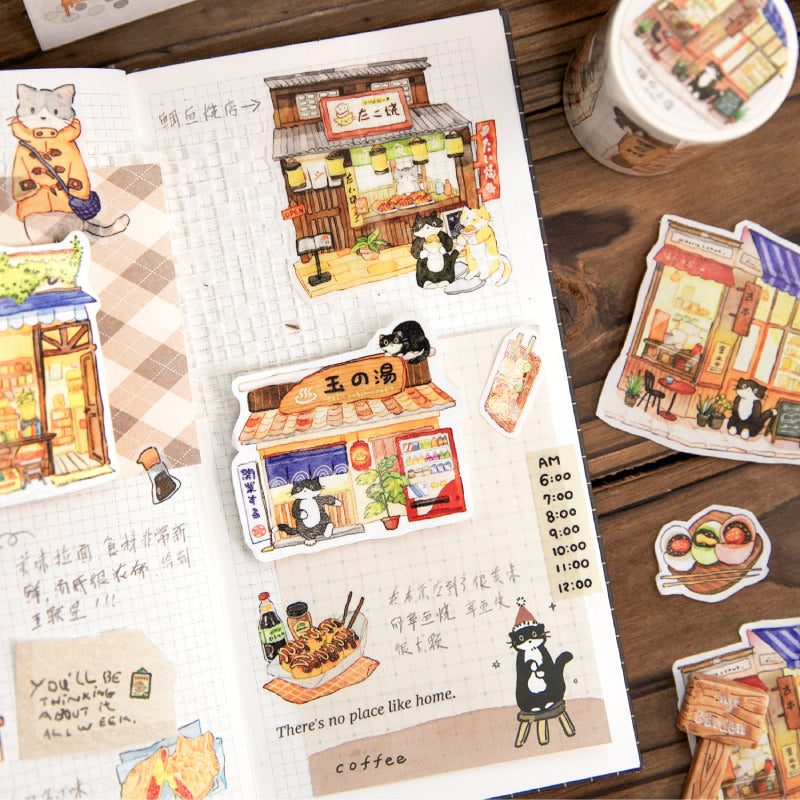Cat Shop Series Die Cutting Washi Tape featuring cat, and shop designs for journaling, scrapbooking and collage