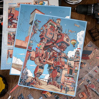 Mechanical Castle Series 3D Sticker featuring castle designs for journaling, scrapbooking and collage