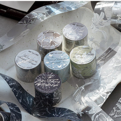 Remain Silent Series Silver Stamping PET Tape featuring silver designs for journaling, scrapbooking and collage