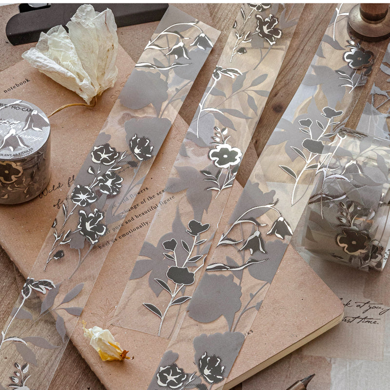 Remain Silent Series Silver Stamping PET Tape featuring silver designs for journaling, scrapbooking and collage