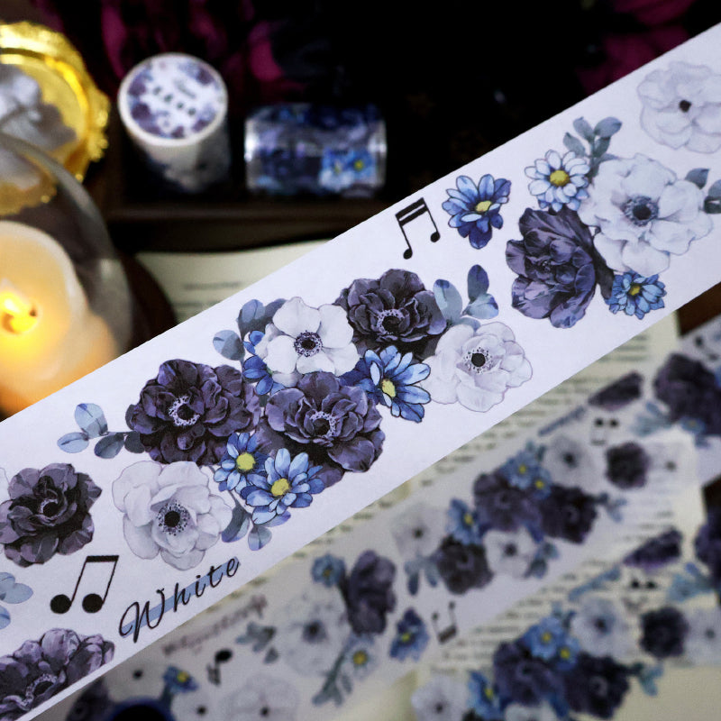 5.5cm*100cm White charm Black flowers Die Cutting Washi/PET/Shell Silver PET Tape featuring white, black, and silver designs for journaling, scrapbooking and collage