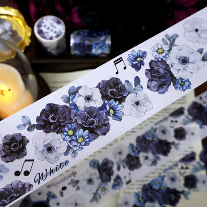 5.5cm*100cm White charm Black flowers Die Cutting Washi/PET/Shell Silver PET Tape featuring white, black, and silver designs for journaling, scrapbooking and collage