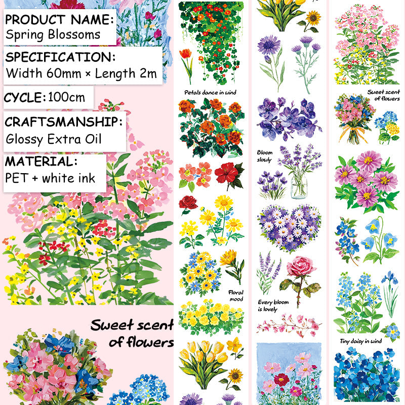 Spring Blossoms PET Tape featuring spring designs for journaling, scrapbooking and collage