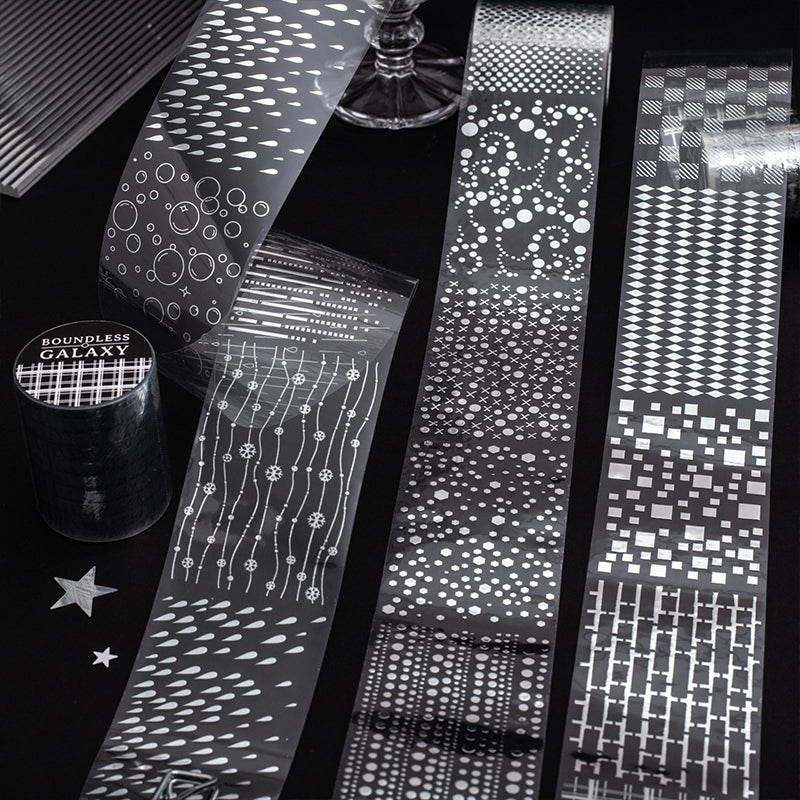 Boundless Galaxy Series Silver Stamping PET Tape featuring silver designs for journaling, scrapbooking and collage