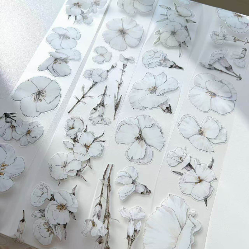 Whole Roll 6cm*10m White flower Die Cutting Washi/PET/Fog PET Tape featuring white, and flower designs for journaling, scrapbooking and collage
